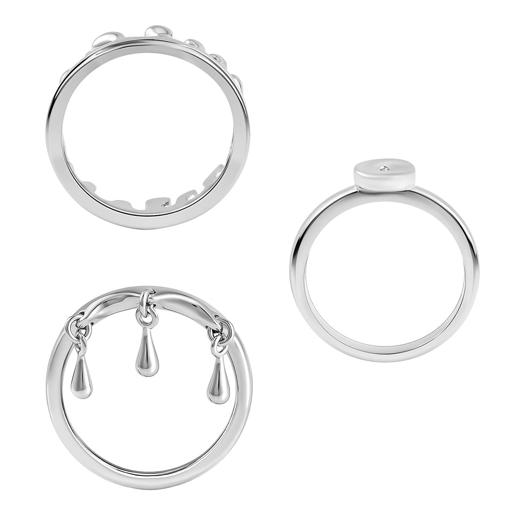 Set of 3 - LucyQ Ocean, Button and Triple Drip Ring in Rhodium Plated Sterling Silver, Silver Wt 8.00 Gms.
