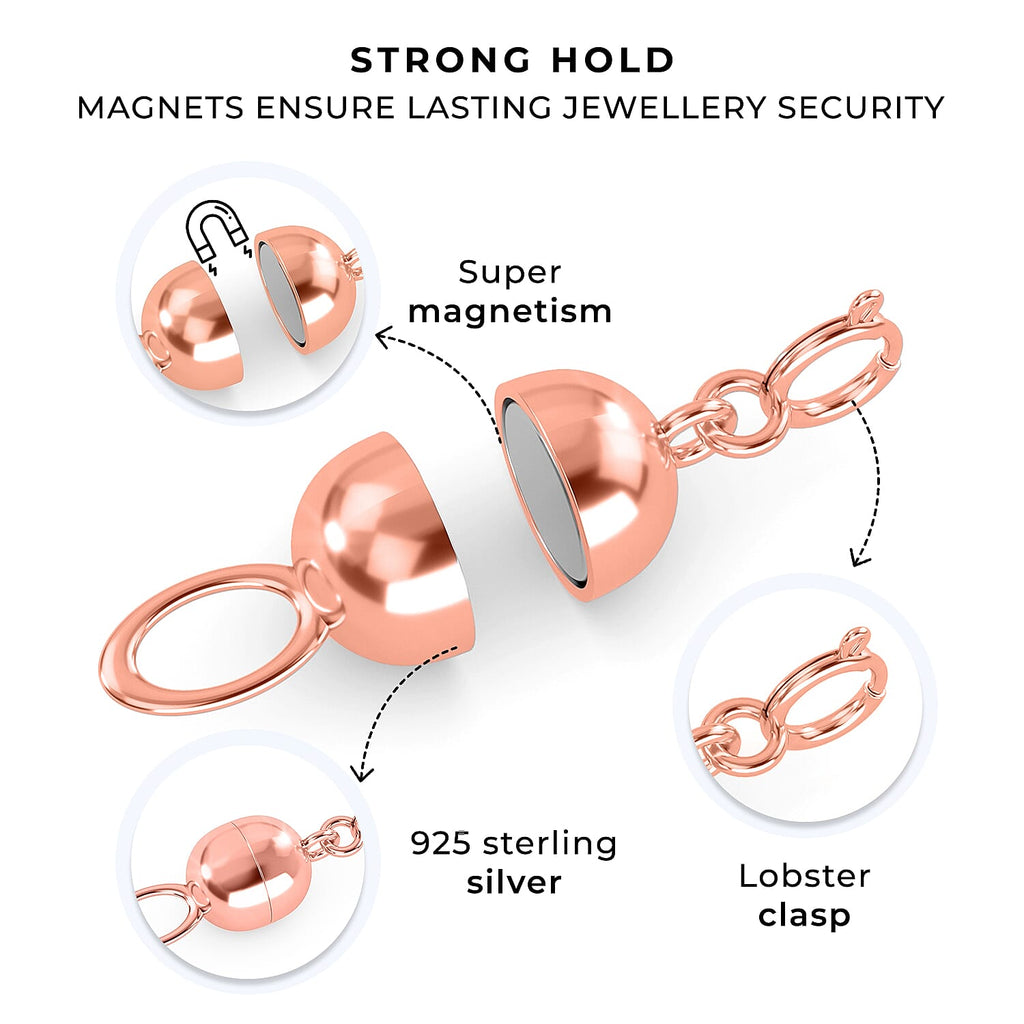 Set of 3 Magnetic Lock in Rhodium, Yellow Gold & Rose Gold Plated Sterling Silver with Lobster Clasp