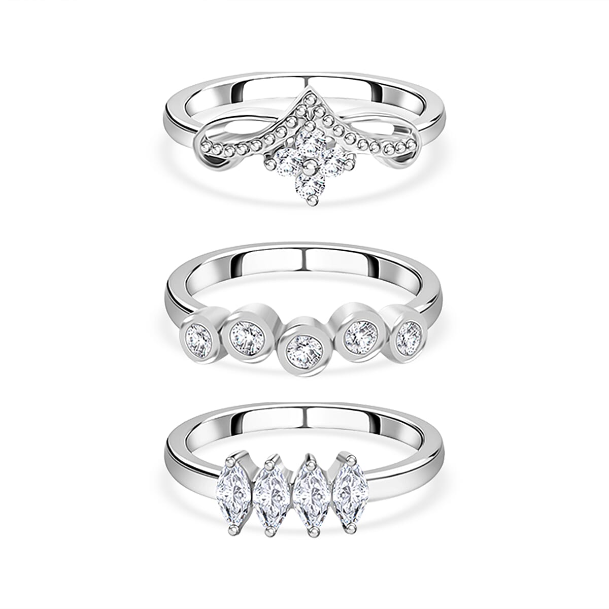 Set of 3 - Moissanite Fancy Ring in Rhodium Overlay Sterling Silver 1.01 Ct. 4297860 0