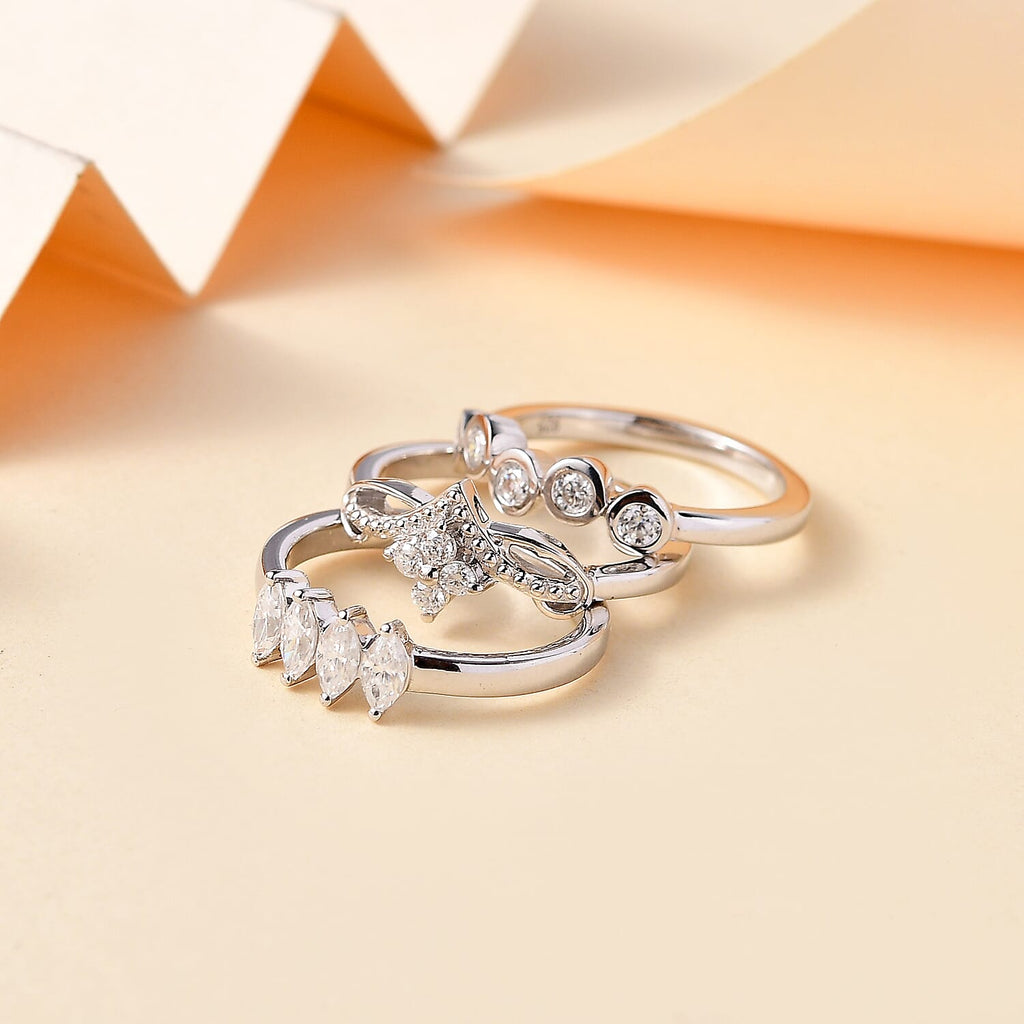 Set of 3 - Moissanite Ring in Rhodium Overlay Sterling Silver  1.01 Ct, Silver Wt.8.30 Gms.