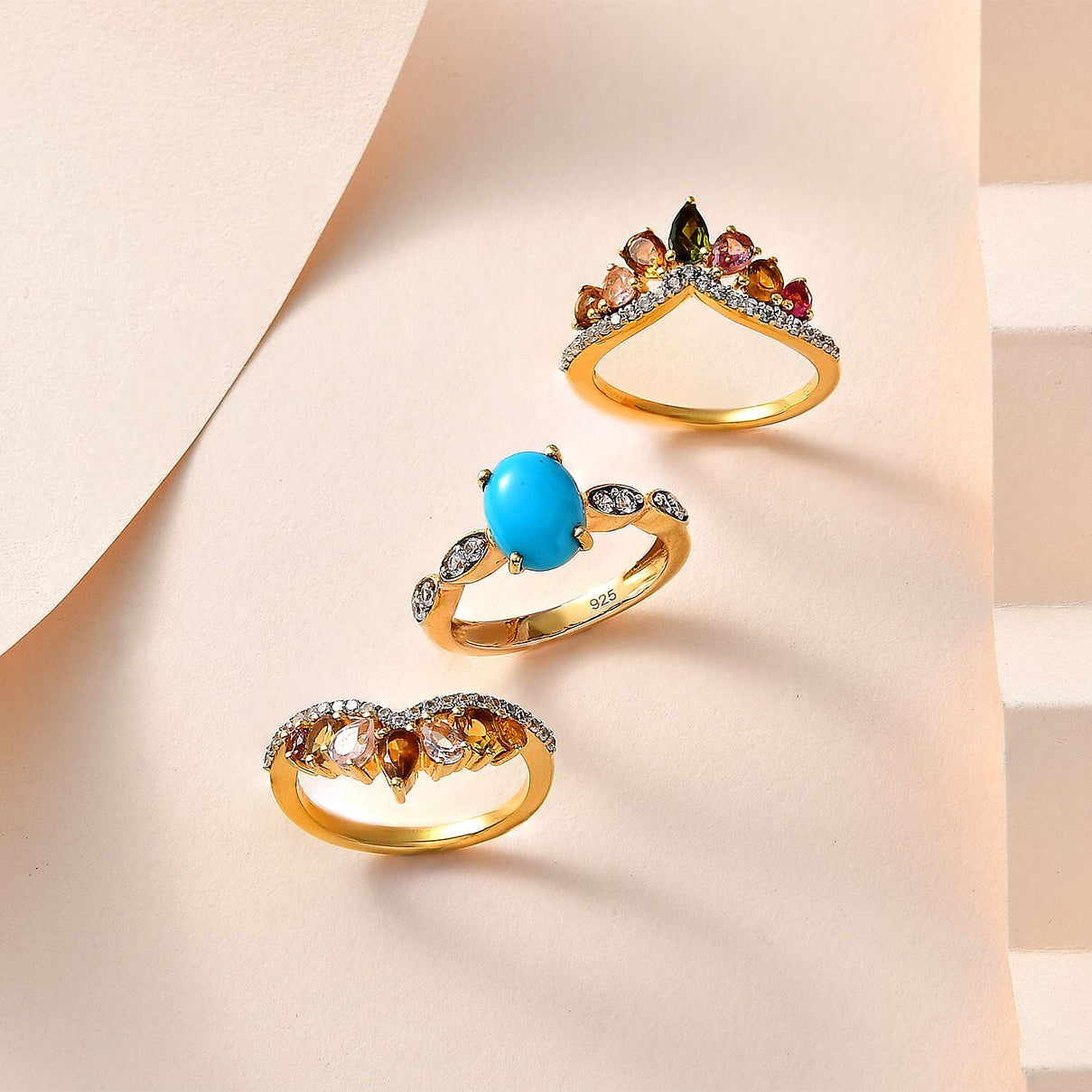 Set of 3 -  Multi-Tourmaline  Sleeping Beauty Turquoise,  White Zircon Stackable Ring in Vermeil YG Sterling Silver 3.54 ct  Silver Wt. 8.4 Gms  5.580  Ct. 4231376 1