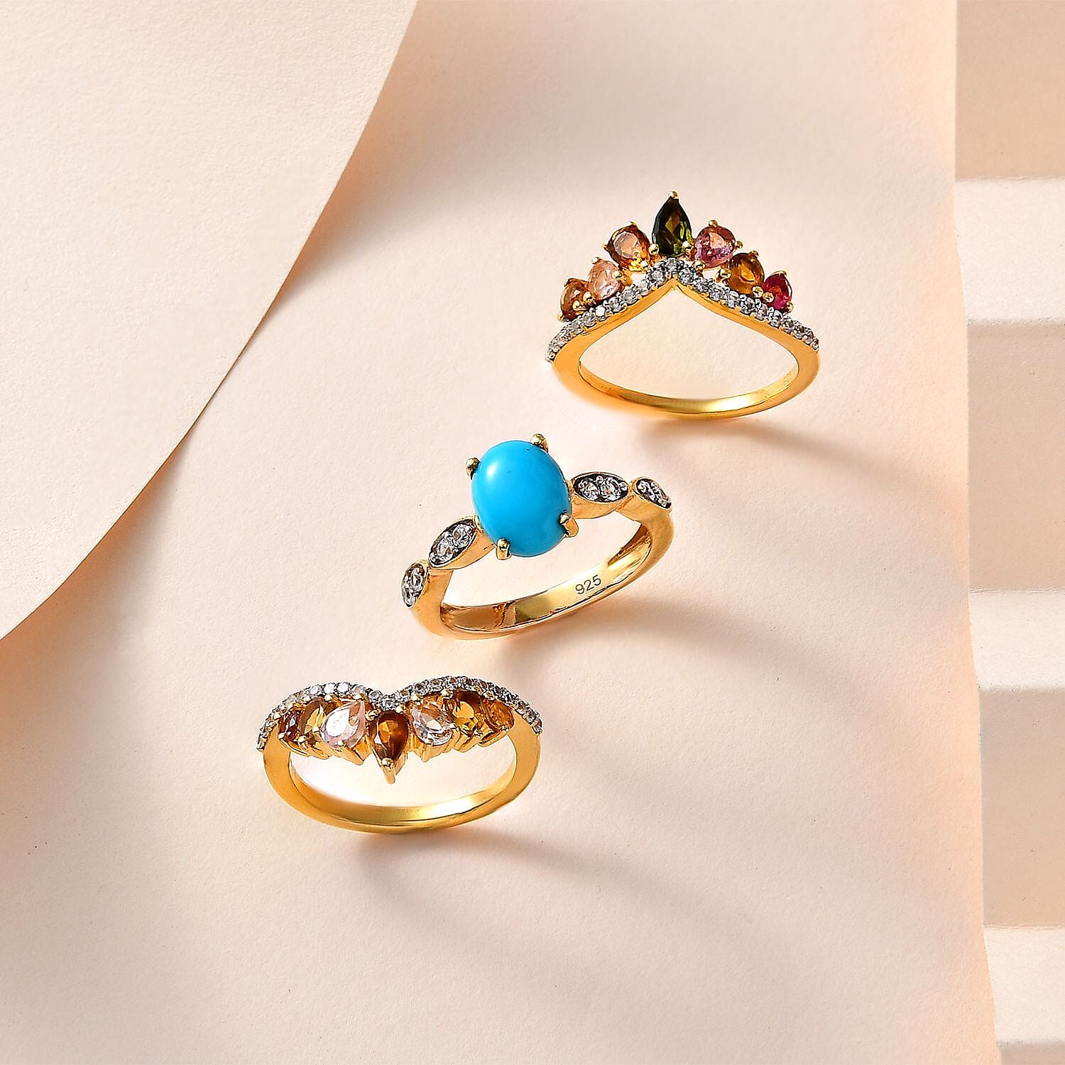 Set of 3 -  Multi-Tourmaline  Sleeping Beauty Turquoise,  White Zircon Stackable Ring in Vermeil YG Sterling Silver 3.54 ct  Silver Wt. 8.4 Gms  5.580  Ct. 4231376 1