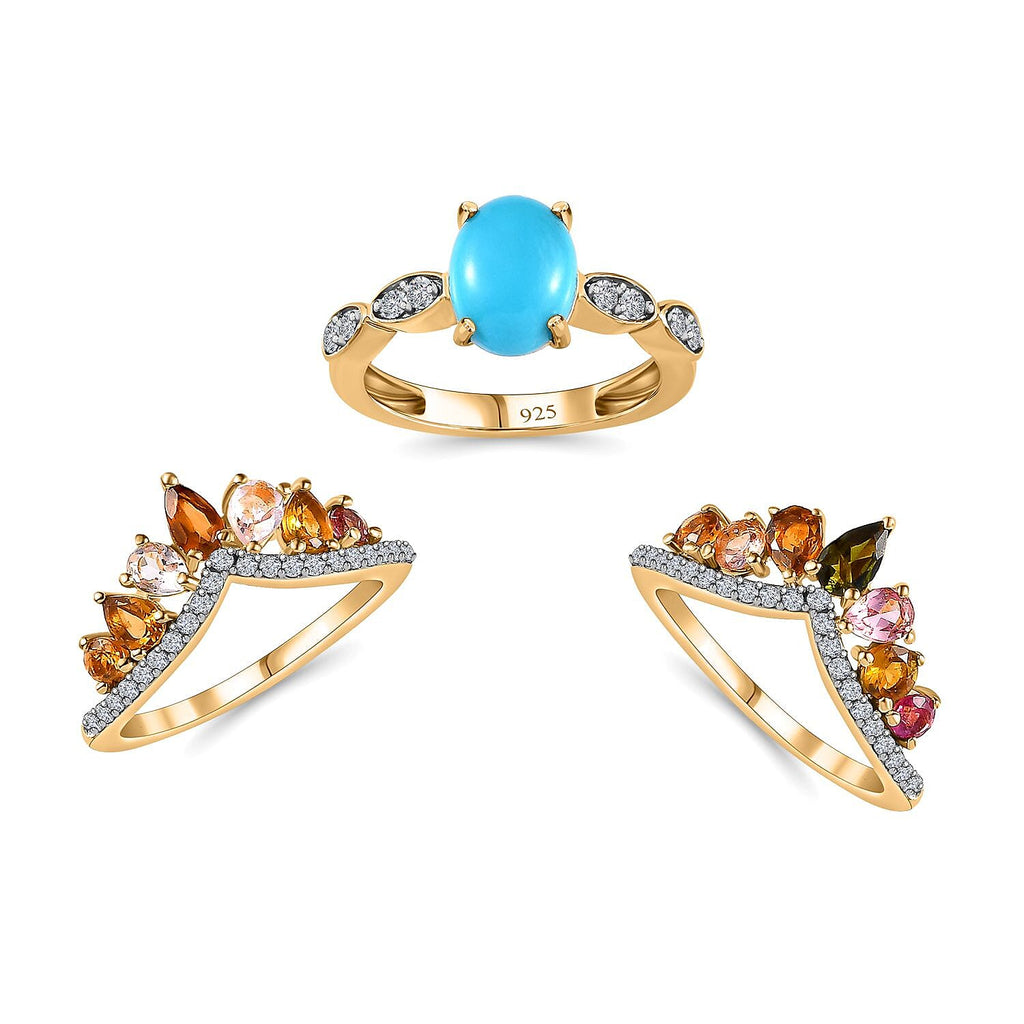 Set of 3 -  Multi-Tourmaline  Sleeping Beauty Turquoise,  White Zircon Stackable Ring in Vermeil YG Sterling Silver 3.54 ct  Silver Wt. 8.4 Gms  5.580  Ct.