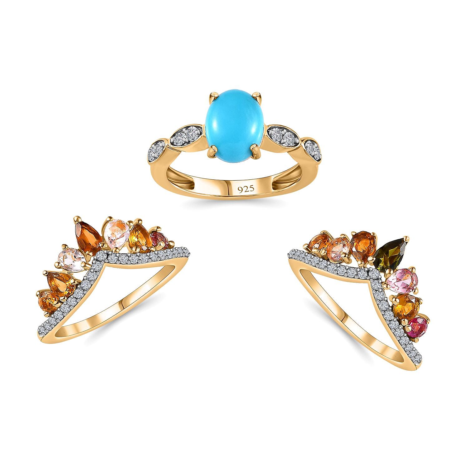 Set of 3 -  Multi-Tourmaline  Sleeping Beauty Turquoise,  White Zircon Stackable Ring in Vermeil YG Sterling Silver 3.54 ct  Silver Wt. 8.4 Gms  5.580  Ct. 4231376 3