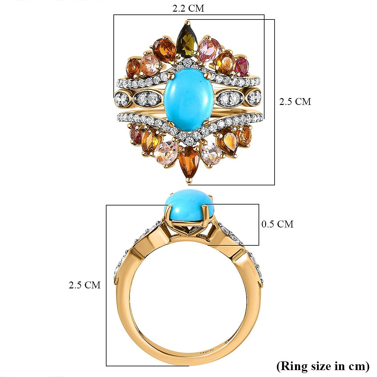 Set of 3 -  Multi-Tourmaline  Sleeping Beauty Turquoise,  White Zircon Stackable Ring in Vermeil YG Sterling Silver 3.54 ct  Silver Wt. 8.4 Gms  5.580  Ct. 4231376 6