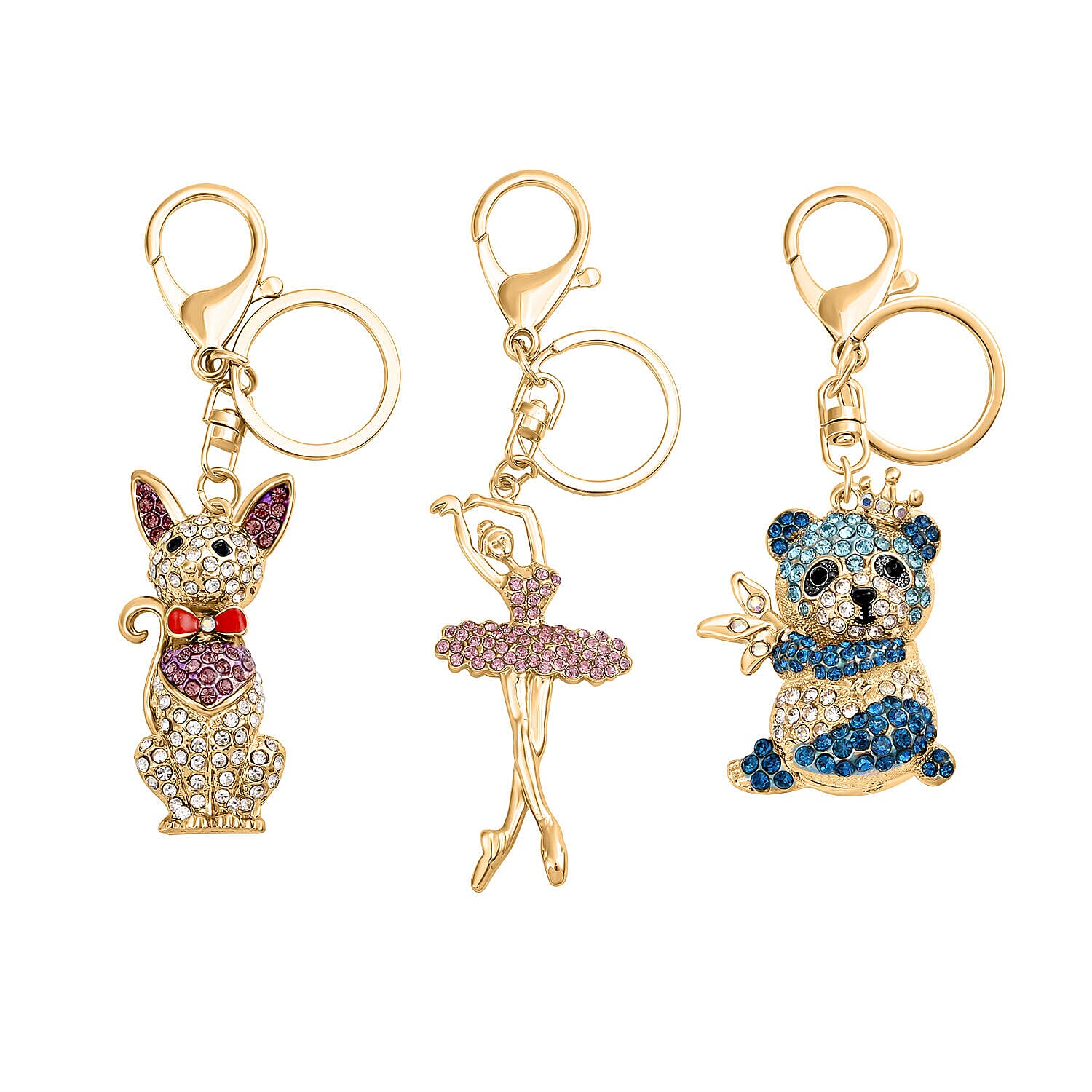 Set of 3 - Pink Austrian Crystal and Multi Colour Austrian Crystal Enamelled Panda, Cat and Dancing Girl Keychain in Yellow Gold Tone 4122258 0