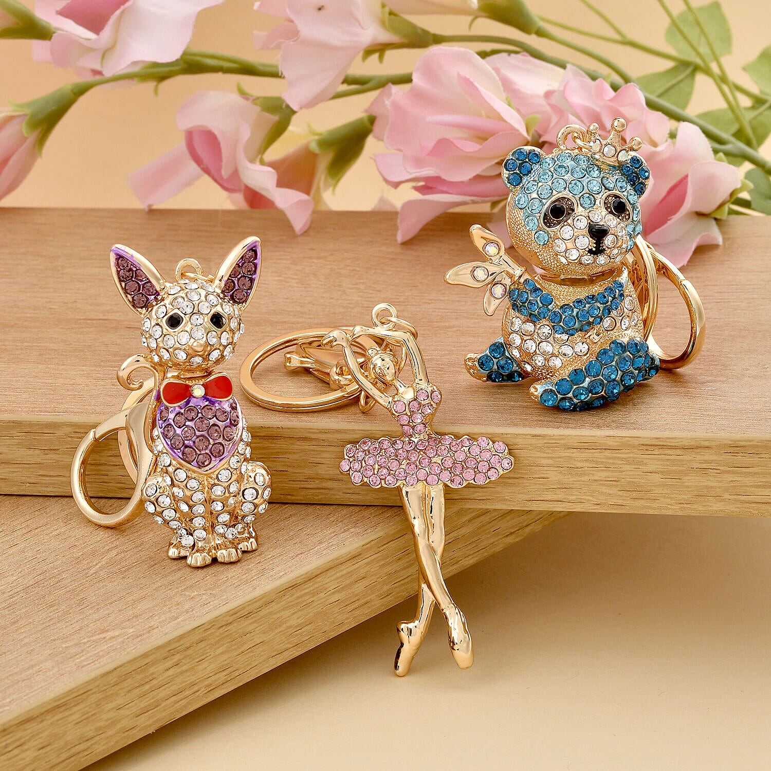 Set of 3 - Pink Austrian Crystal and Multi Colour Austrian Crystal Enamelled Panda, Cat and Dancing Girl Keychain in Yellow Gold Tone 4122258 1