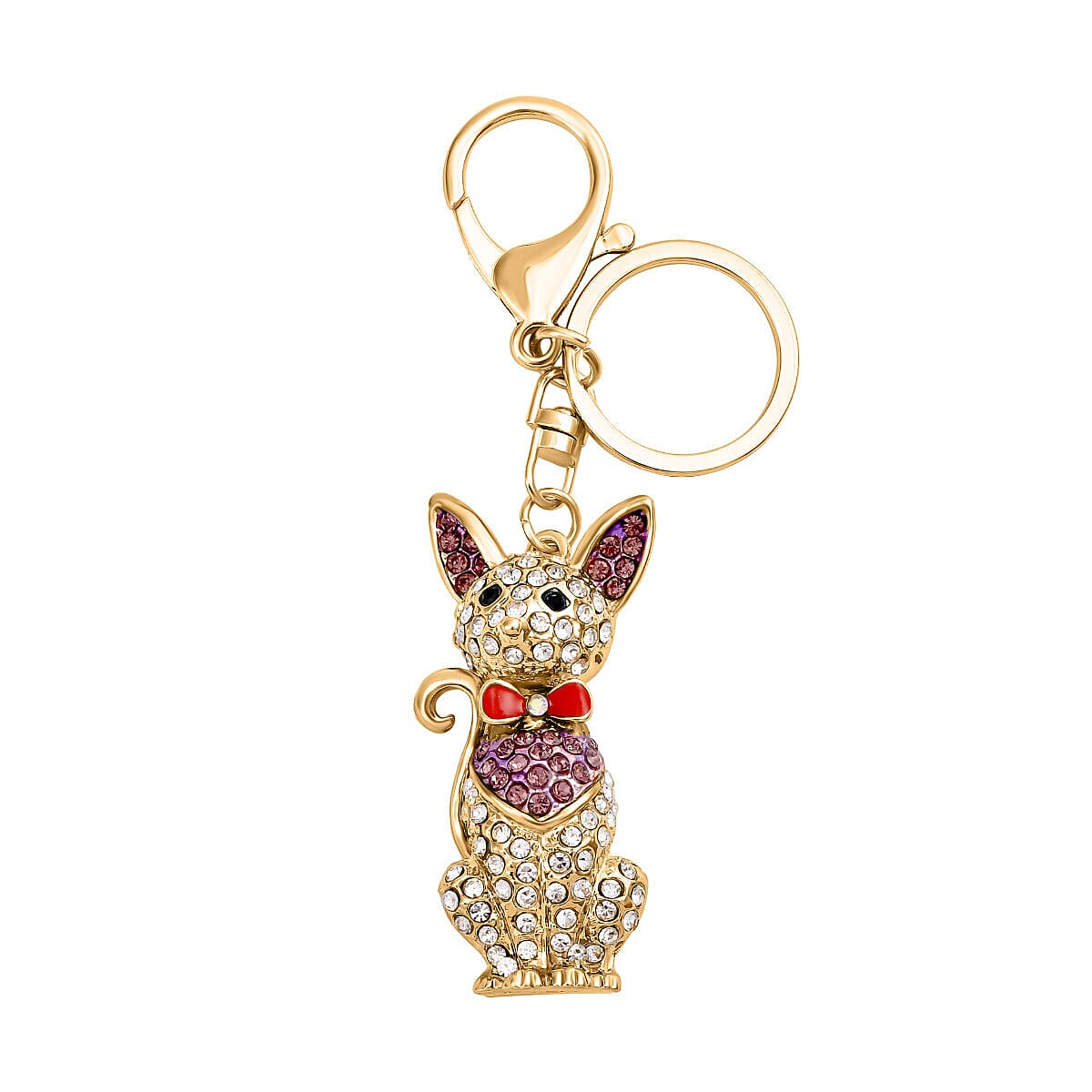 Set of 3 - Pink Austrian Crystal and Multi Colour Austrian Crystal Enamelled Panda, Cat and Dancing Girl Keychain in Yellow Gold Tone 4122258 6