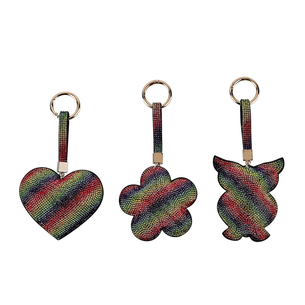 Set of 3 Crystal Keychain (Pattern- Owl, Heart & Flower) - Rainbow