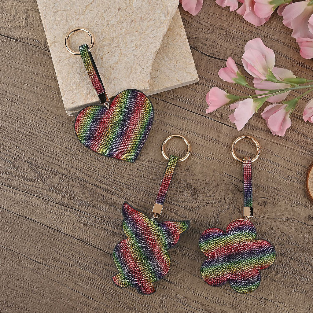 Set of 3 Crystal Keychain (Pattern- Owl, Heart & Flower) - Rainbow