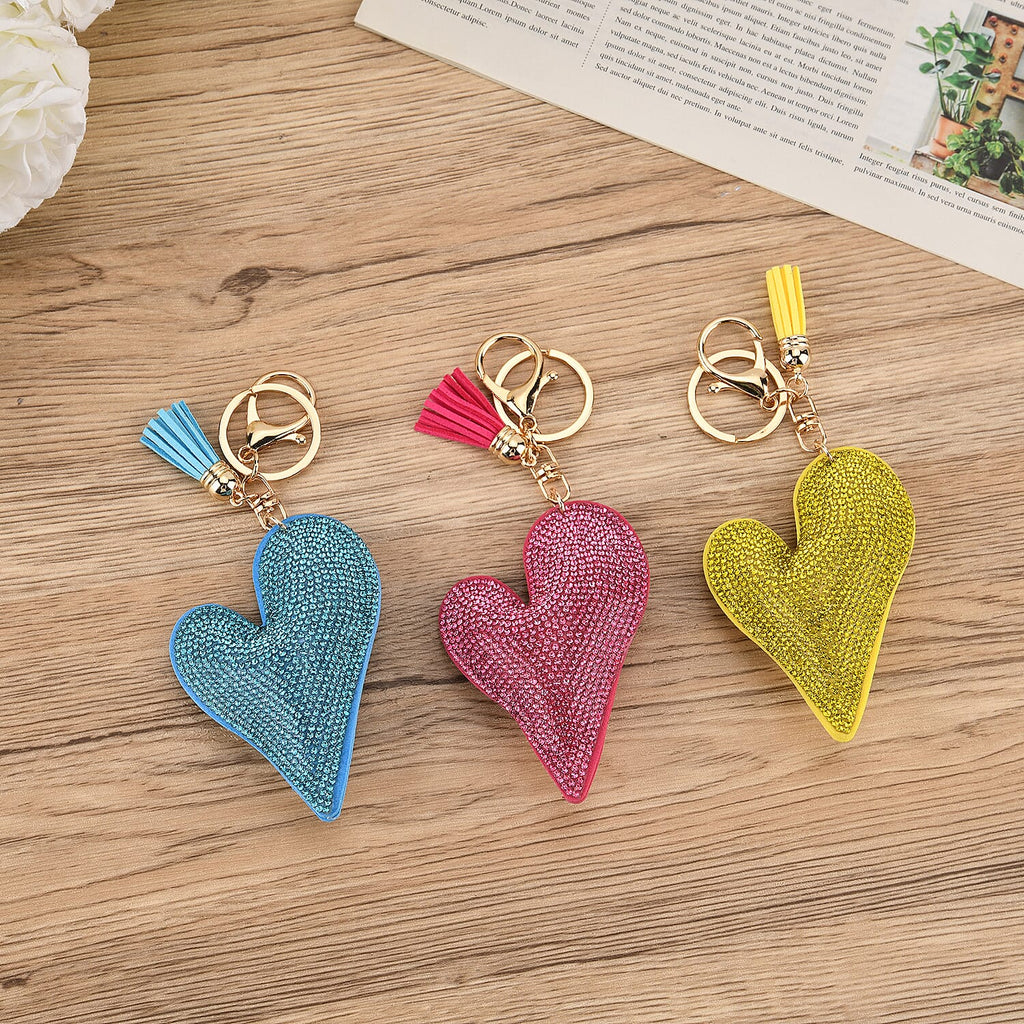 Set of 3 Rhinestone Heart Keychains - Pink, Yellow & Light Blue