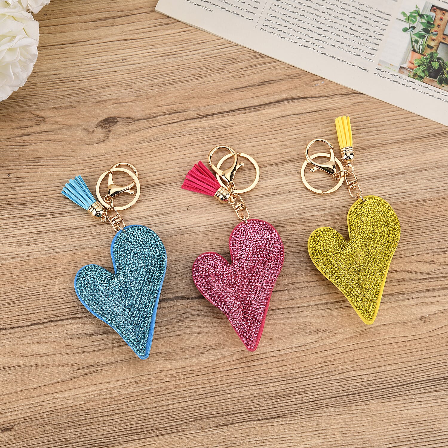 Set of 3 Rhinestone Heart Keychains - Pink, Yellow &amp; Light Blue V32355763 2