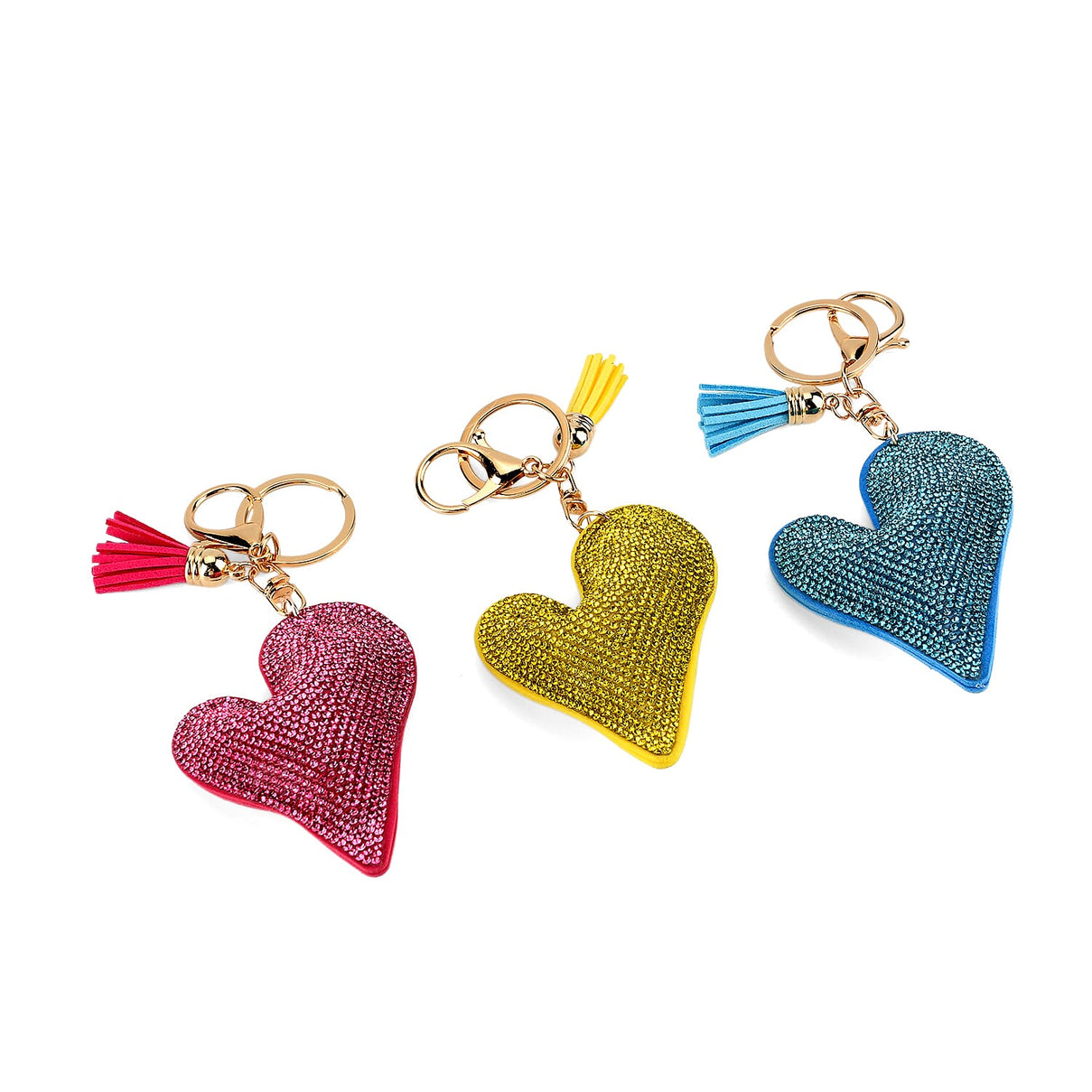 Set of 3 Rhinestone Heart Keychains - Pink, Yellow &amp; Light Blue V32355882 3
