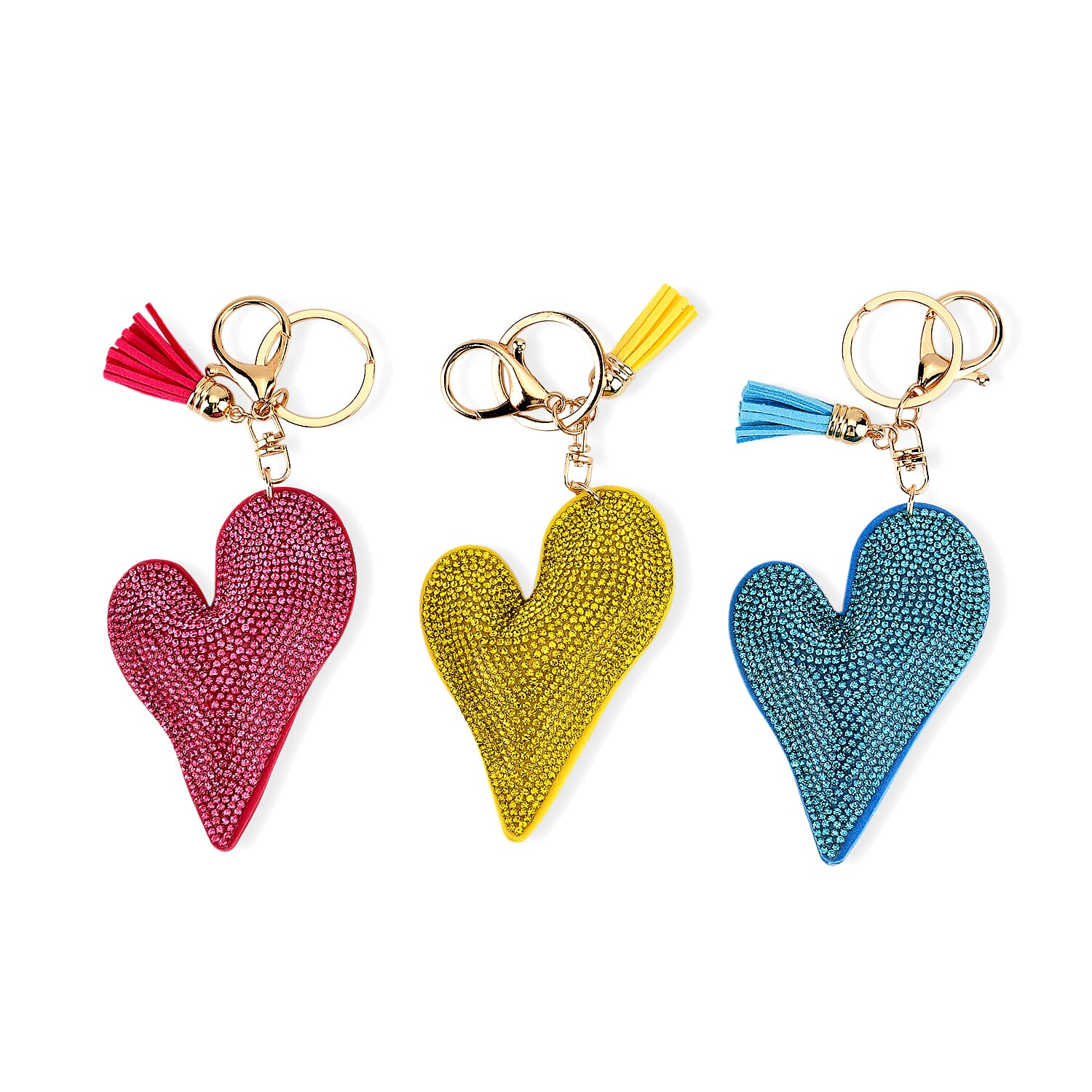 Set of 3 Rhinestone Heart Keychains - Pink, Yellow &amp; Light Blue V32355882 0