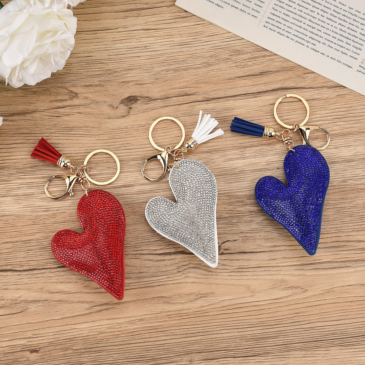 Set of 3 Rhinestone Heart Keychains - Red, Silver &amp; Blue V32364676 2