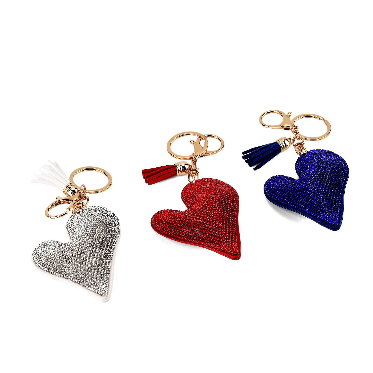 Set of 3 Rhinestone Heart Keychains - Red, Silver &amp; Blue V32364145 3