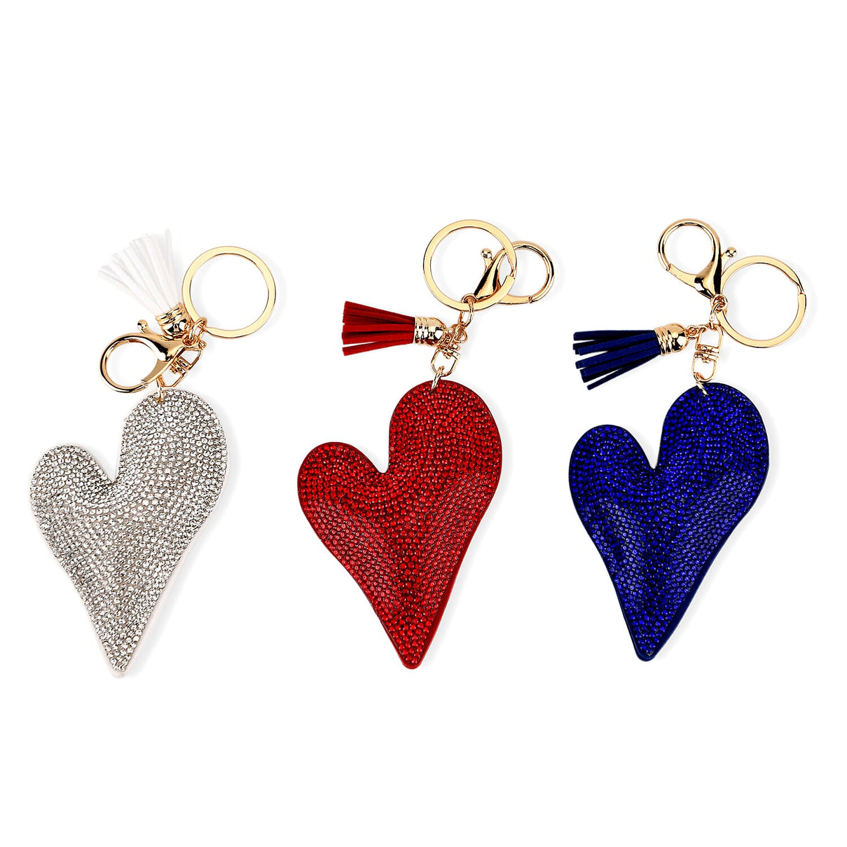 Set of 3 Rhinestone Heart Keychains - Red, Silver &amp; Blue V32364145 0