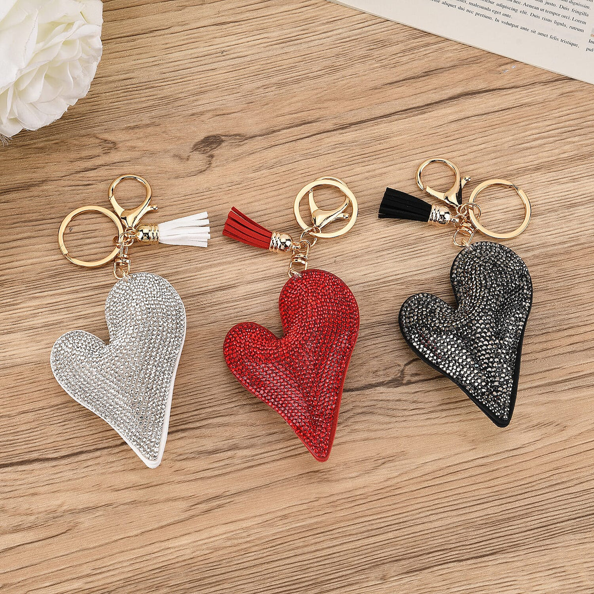 Set of 3 Rhinestone Heart Keychains - Red, White &amp; Black 8413774 2