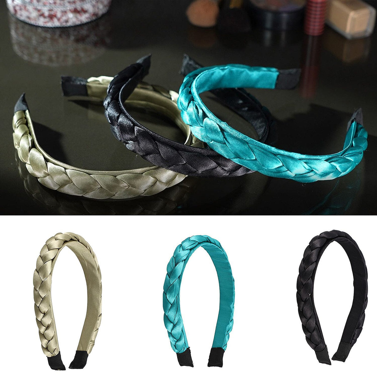 Set of 3 Satin Silk Braided Head Bands Colour Olive/teal/black 7196393 2
