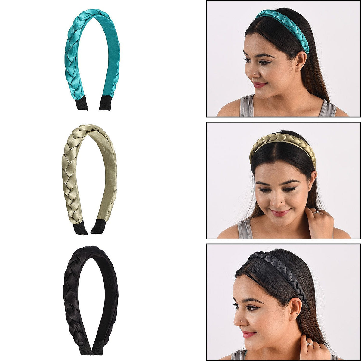 Set of 3 Satin Silk Braided Head Bands Colour Olive/teal/black 7196393 3