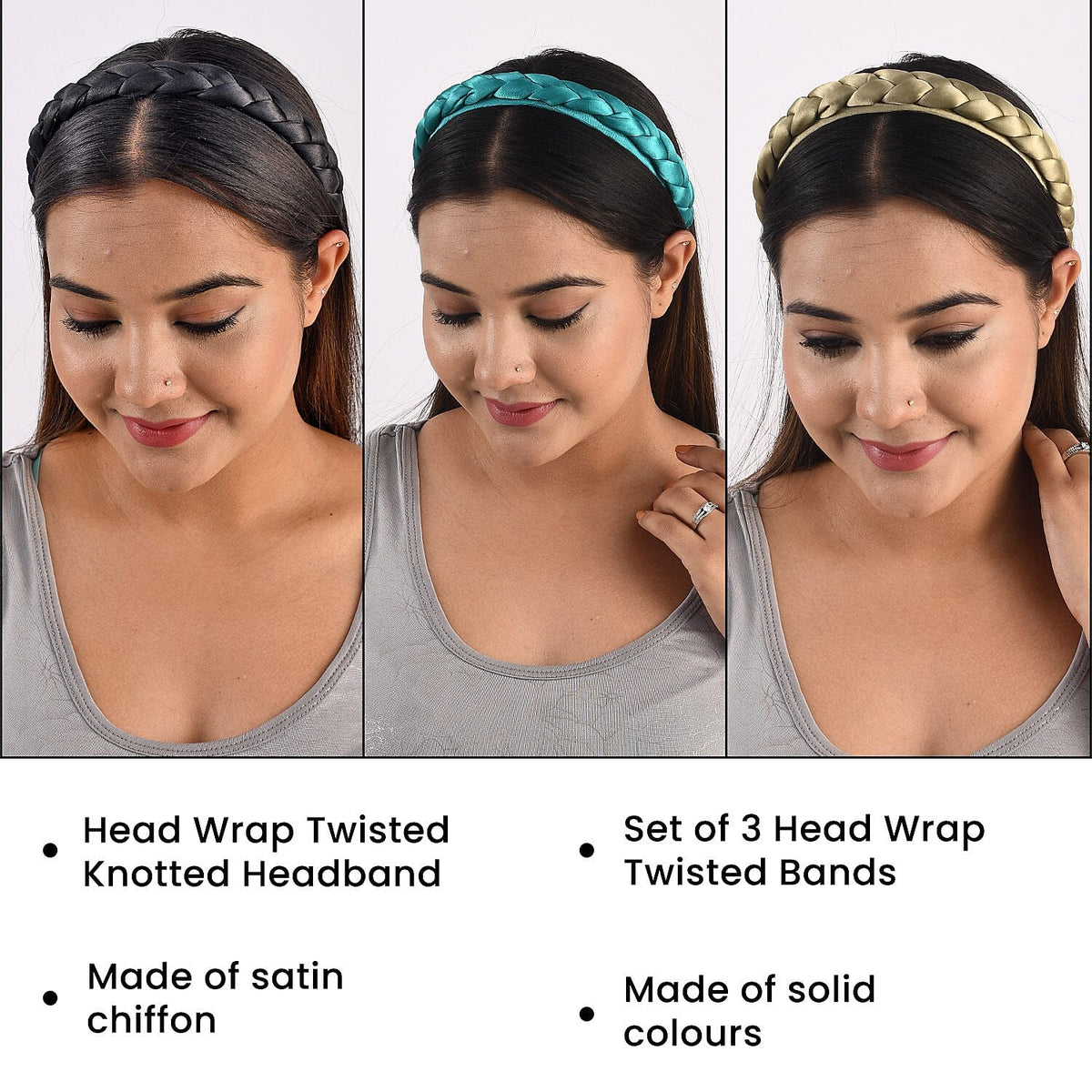 Set of 3 Satin Silk Braided Head Bands Colour Olive/teal/black 7196393 4