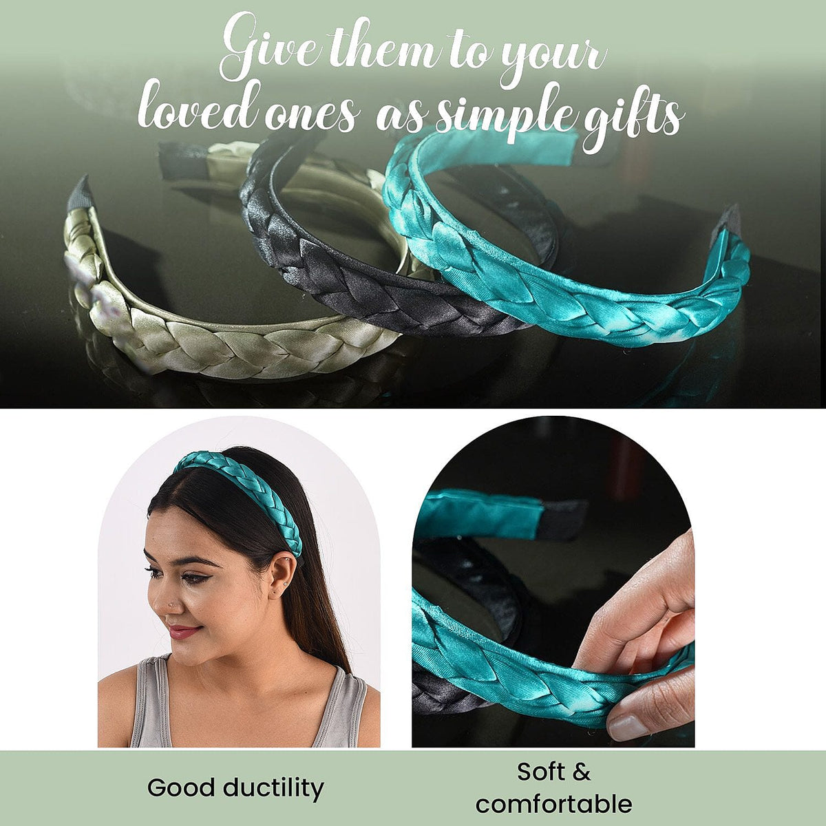 Set of 3 Satin Silk Braided Head Bands Colour Olive/teal/black 7196393 5