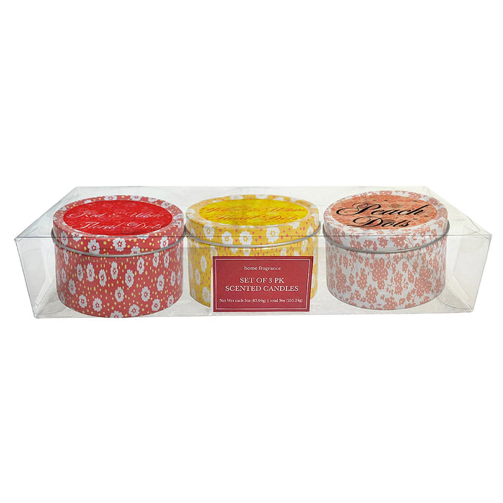 Set of 3 Scented Tin Candles - Red and White Flower Dot, Yellow and White Flower Dot and Peach Dots 8115015 1