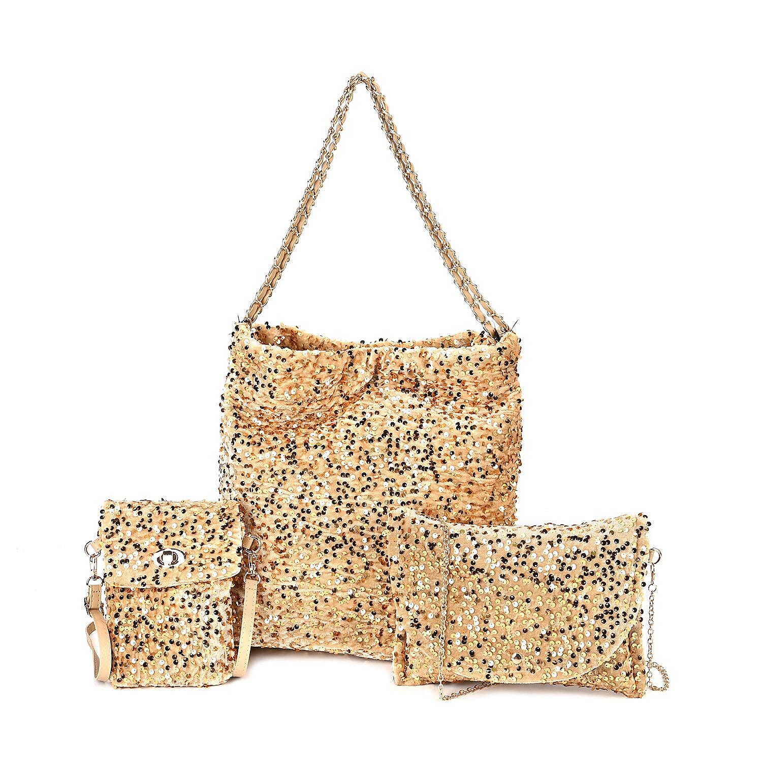 Set of 3 Sequin Bag (Includes Shoulder Bag, Crossbody Bag &amp; Clutch Bag) - Champagne 7618646 0