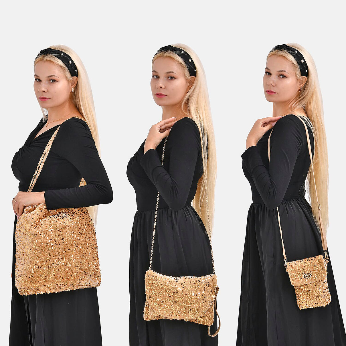 Set of 3 Sequin Bag (Includes Shoulder Bag, Crossbody Bag &amp; Clutch Bag) - Champagne 7618646 2