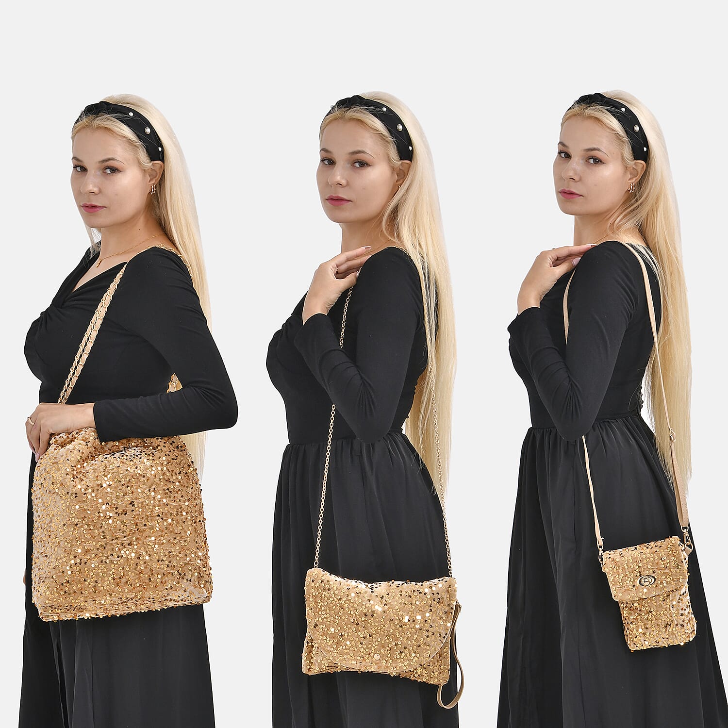 Set of 3 Sequin Bag (Includes Shoulder Bag, Crossbody Bag &amp; Clutch Bag) - Champagne 7618646 2