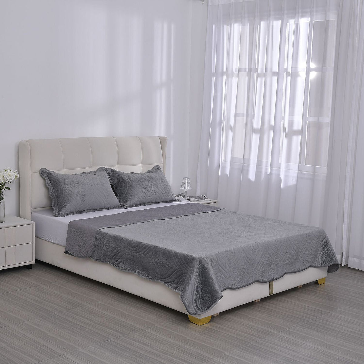 3 Pcs Set Summer Quilt and 2 Pillowcases - Grey 7163669 0