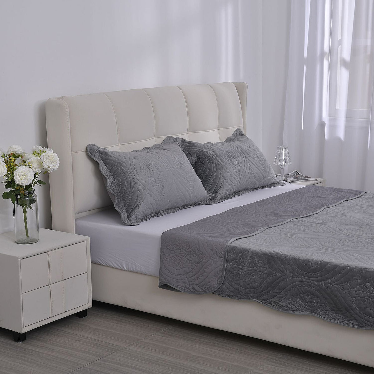 3 Pcs Set Summer Quilt and 2 Pillowcases - Grey 7163669 1