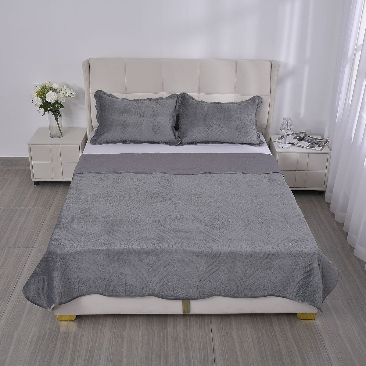 3 Pcs Set Summer Quilt and 2 Pillowcases - Grey 7163669 2