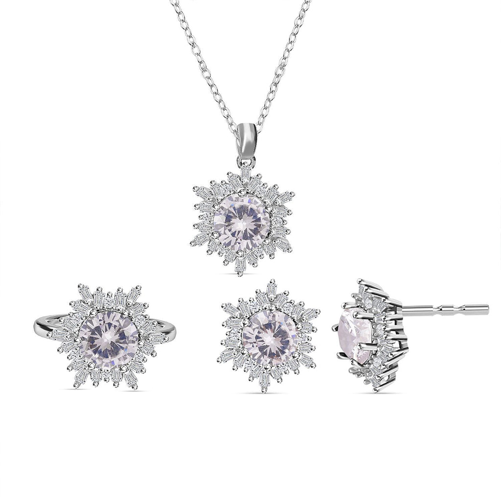 3 Piece Set - Simulated Diamond Pendant with Chain (Size 20 with 2 Inch Extender), Earrings (with Push Back) and Ring in Silver Tone