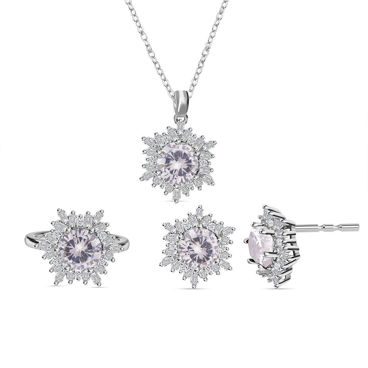 3 Piece Set - Simulated Diamond Pendant with Chain (Size 20 with 2 Inch Extender), Earrings (with Push Back) and Ring in Silver Tone 4123749 0
