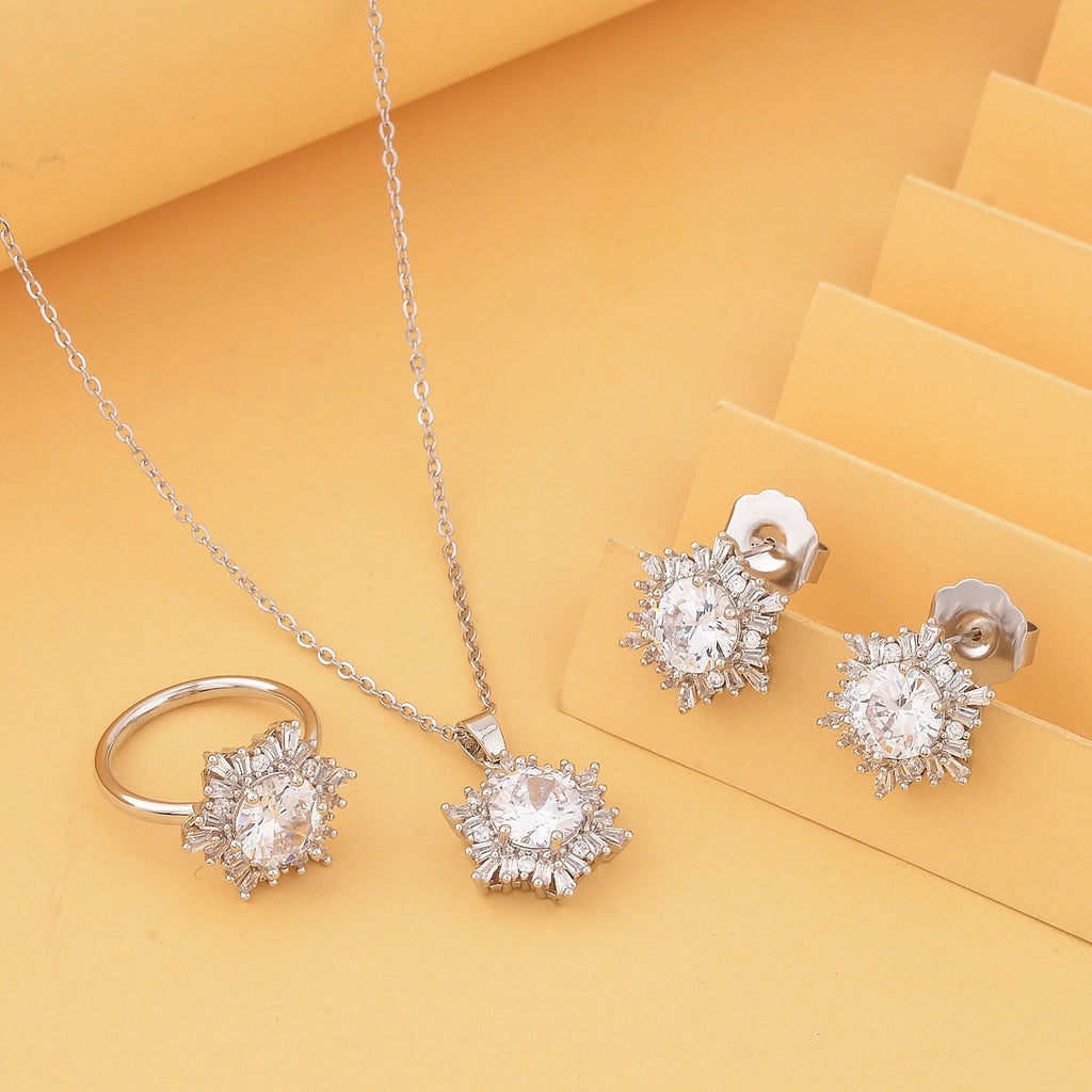 3 Piece Set - Simulated Diamond Pendant with Chain (Size 20 with 2 Inch Extender), Earrings (with Push Back) and Ring in Silver Tone