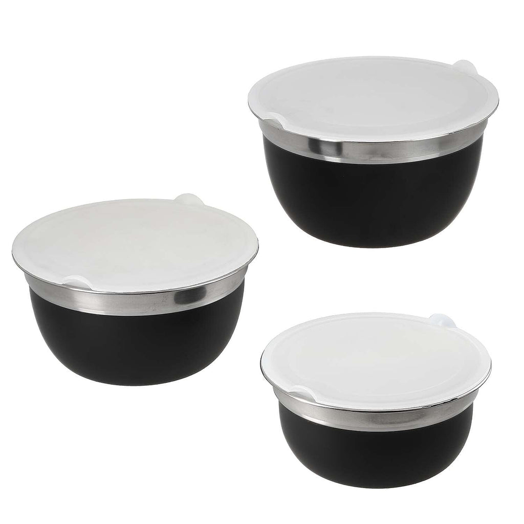 Set of 3 Stainless Steel Bowl with Plastic Lid - Black