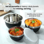 Set of 3 Stainless Steel Bowl with Plastic Lid - Black
