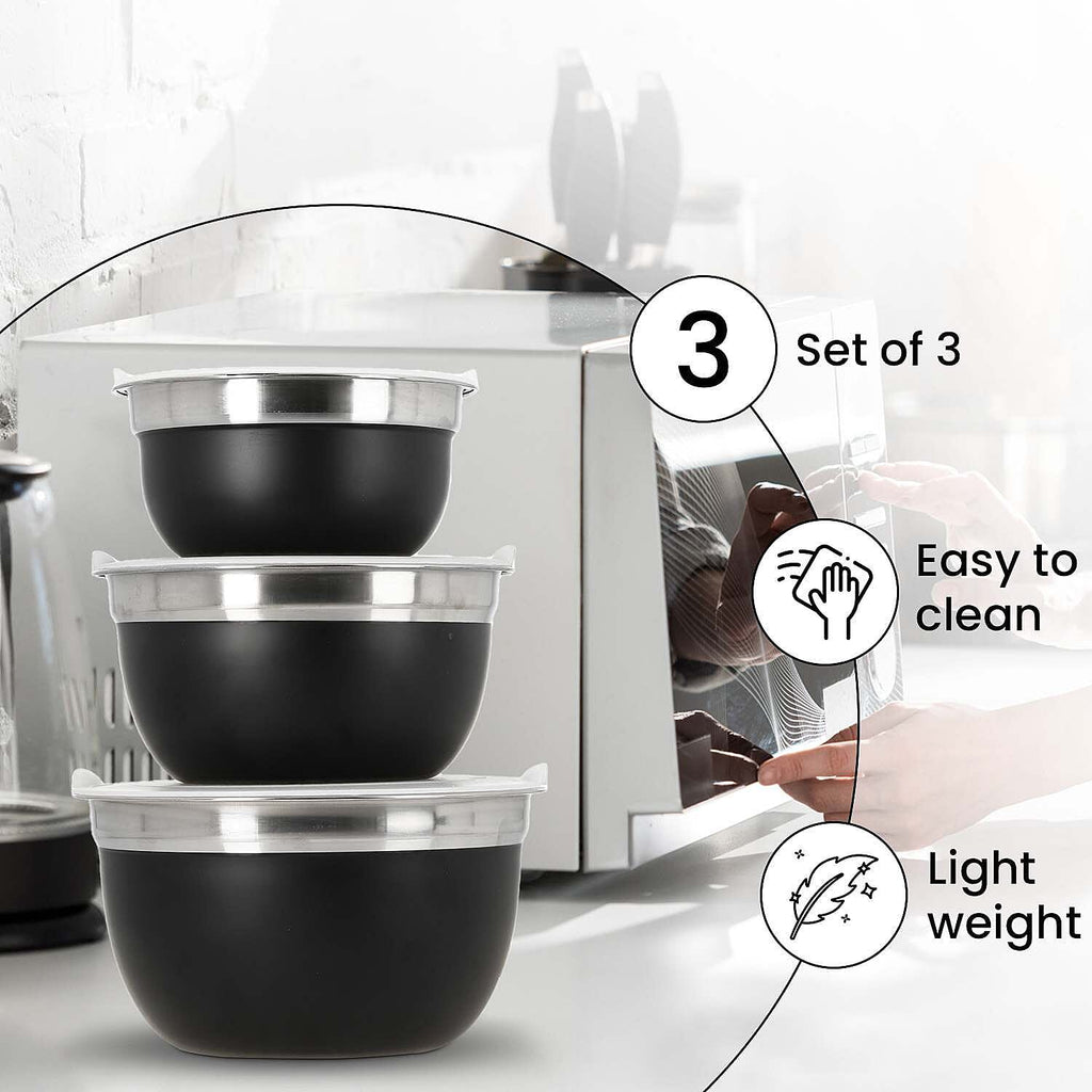 Set of 3 Stainless Steel Bowl with Plastic Lid - Black