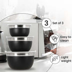 Set of 3 Stainless Steel Bowl with Plastic Lid - Black
