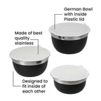 Set of 3 Stainless Steel Bowl with Plastic Lid - Black