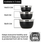 Set of 3 Stainless Steel Bowl with Plastic Lid - Black