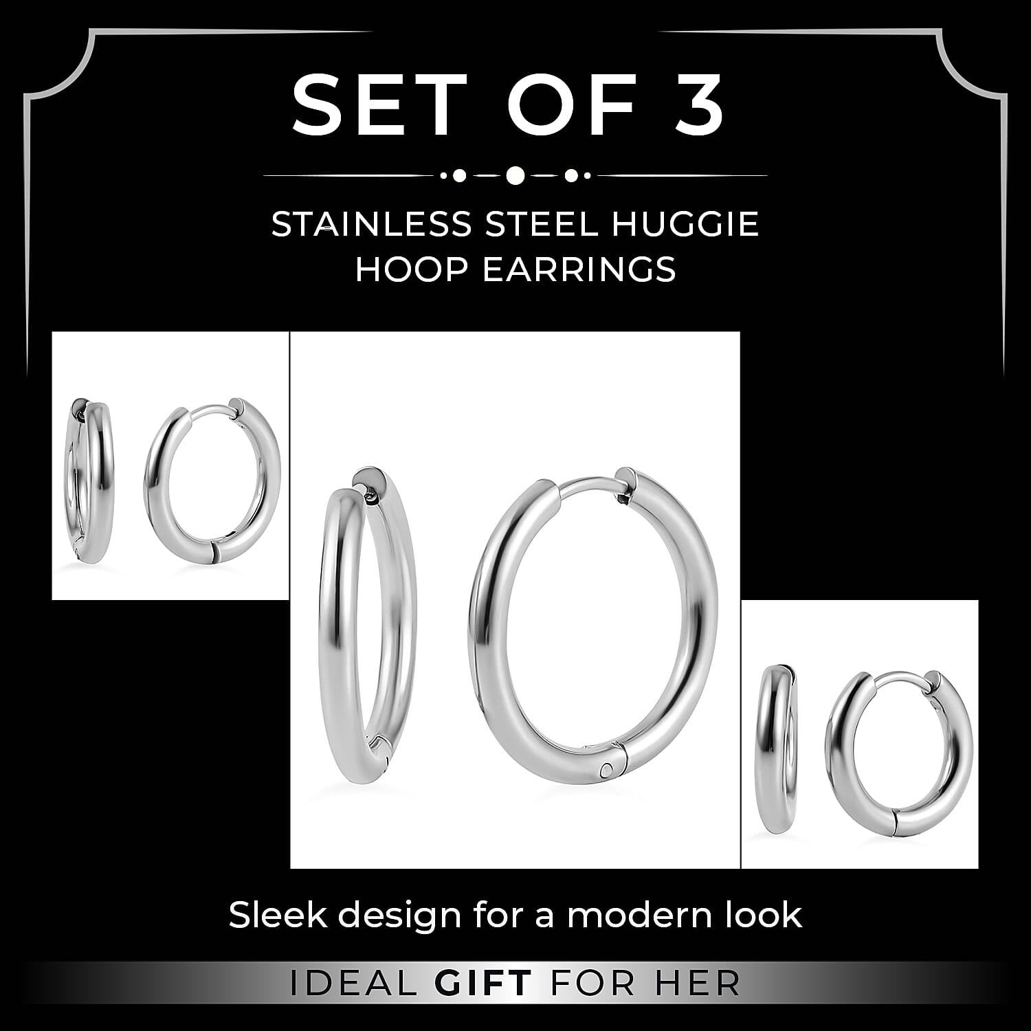 Set of 3 - Stainless Steel Huggie Hoop Earrings 4206739 2