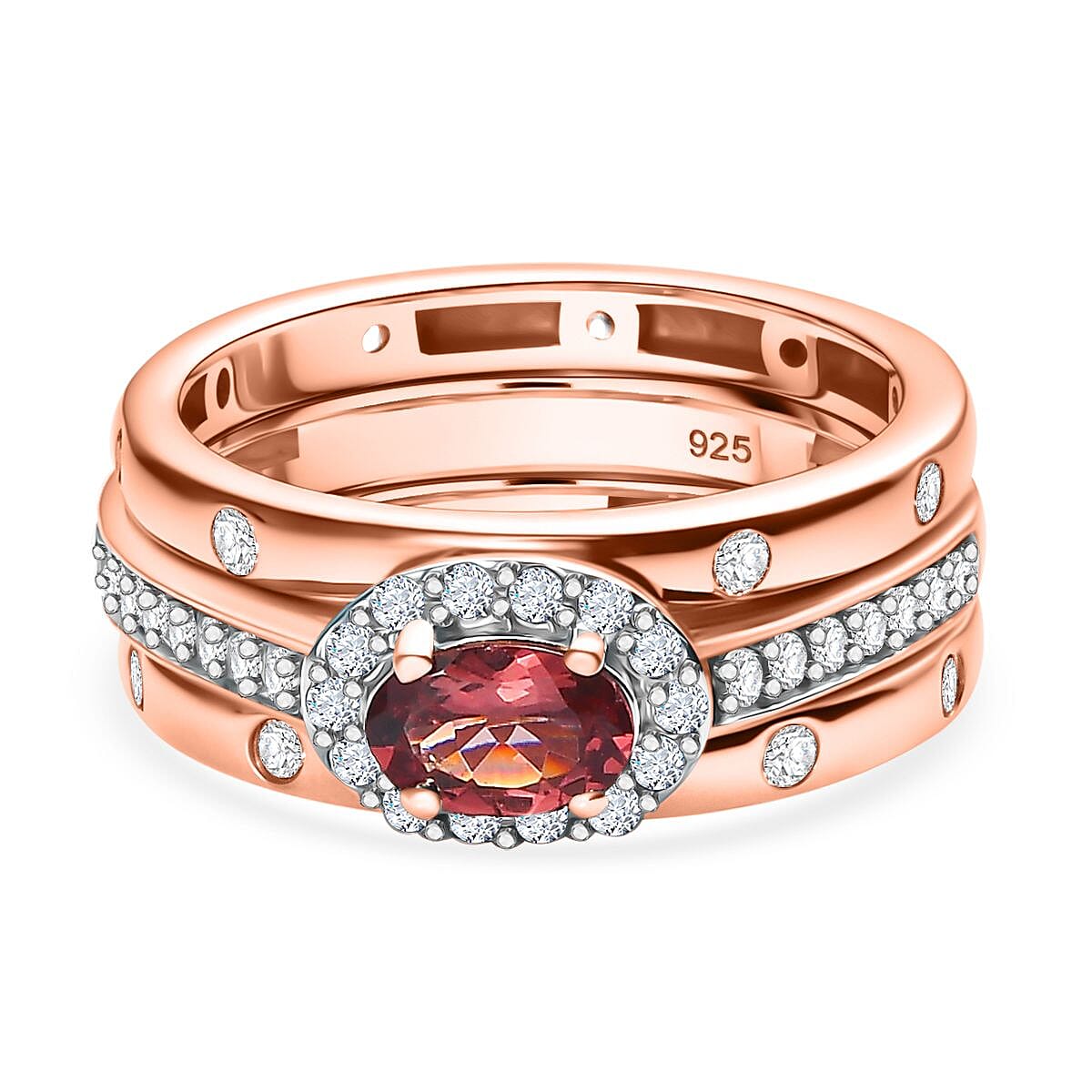 Set of 3 - Tanzanian Blush Garnet, White Zircon Main Stone With Side Stone Ring in 18K Rose Gold Vermeil Sterling Silver 4293369 0
