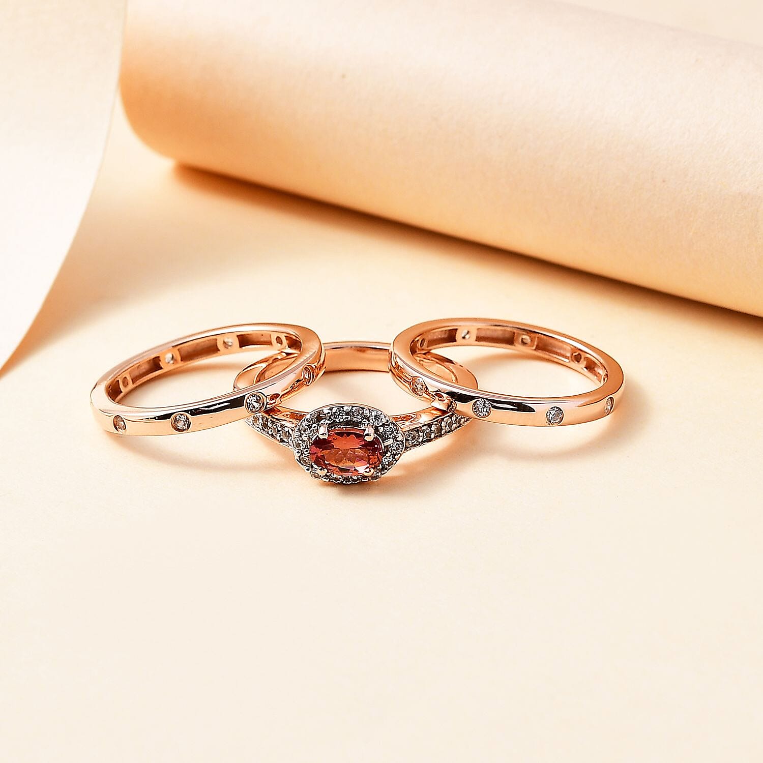 Set of 3 - Tanzanian Blush Garnet, White Zircon Main Stone With Side Stone Ring in 18K Rose Gold Vermeil Sterling Silver 4293369 1