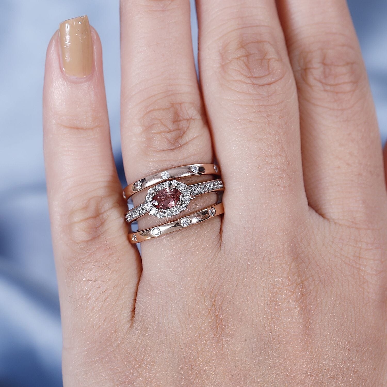 Set of 3 - Tanzanian Blush Garnet, White Zircon Main Stone With Side Stone Ring in 18K Rose Gold Vermeil Sterling Silver 4293369 2