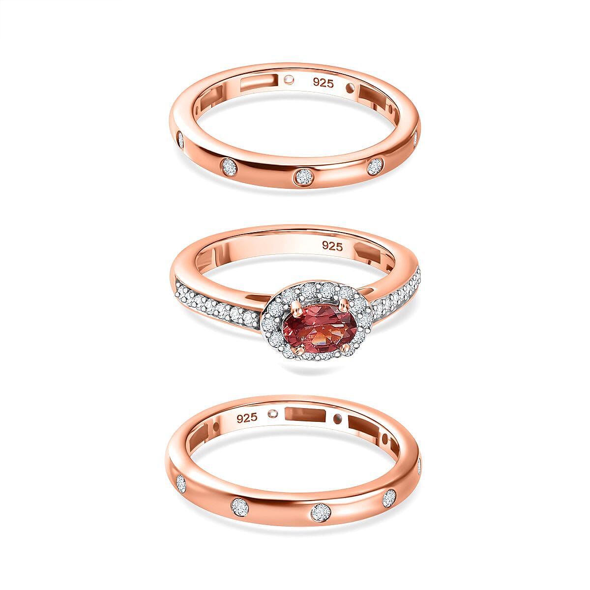 Set of 3 - Tanzanian Blush Garnet, White Zircon Main Stone With Side Stone Ring in 18K Rose Gold Vermeil Sterling Silver 4293369 3