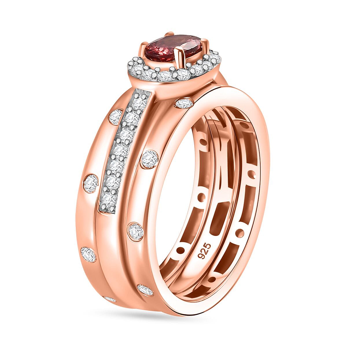 Set of 3 - Tanzanian Blush Garnet, White Zircon Main Stone With Side Stone Ring in 18K Rose Gold Vermeil Sterling Silver 4293369 4