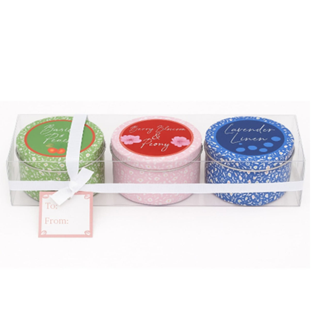 Set of 3 Tin Candles - Basil &amp; Peach, Berry Blossom and Peony Lavender 8537538 0
