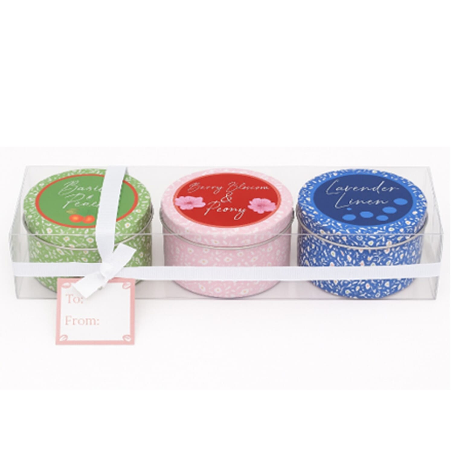 Set of 3 Tin Candles - Basil &amp; Peach, Berry Blossom and Peony Lavender 8537538 0